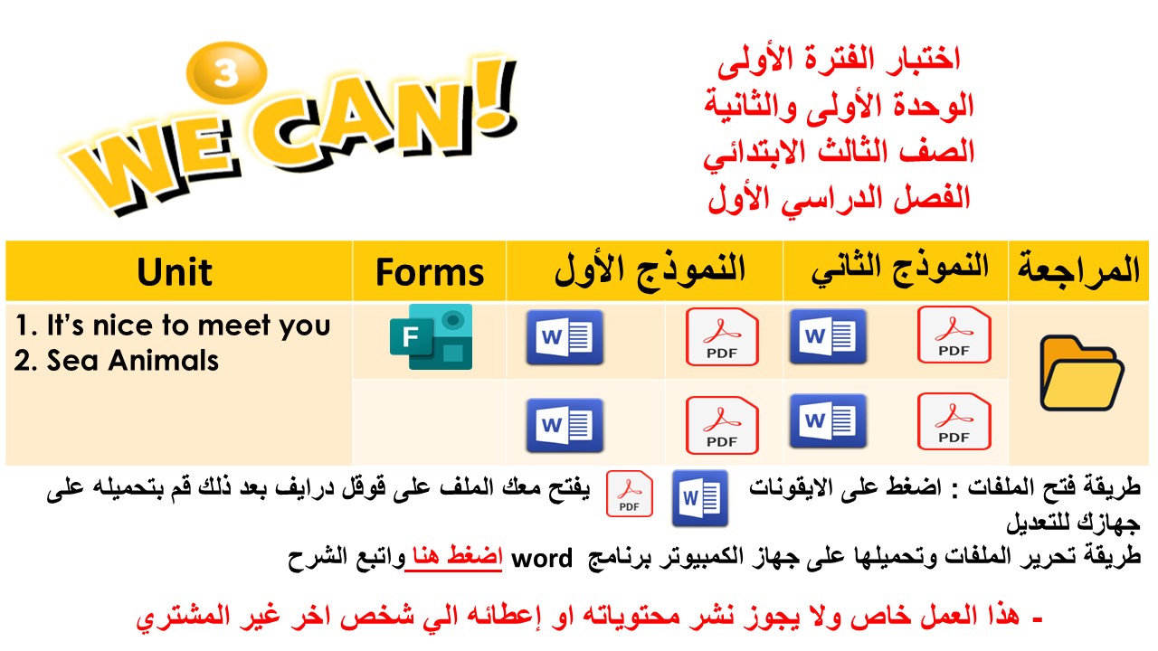 اختبار الفترة الأولى منهج We can 3 الفصل الدراسي الأول - الوحدة الأولى والثانية ( نموذجين ) + المراجعة للاختبار+ Forms
